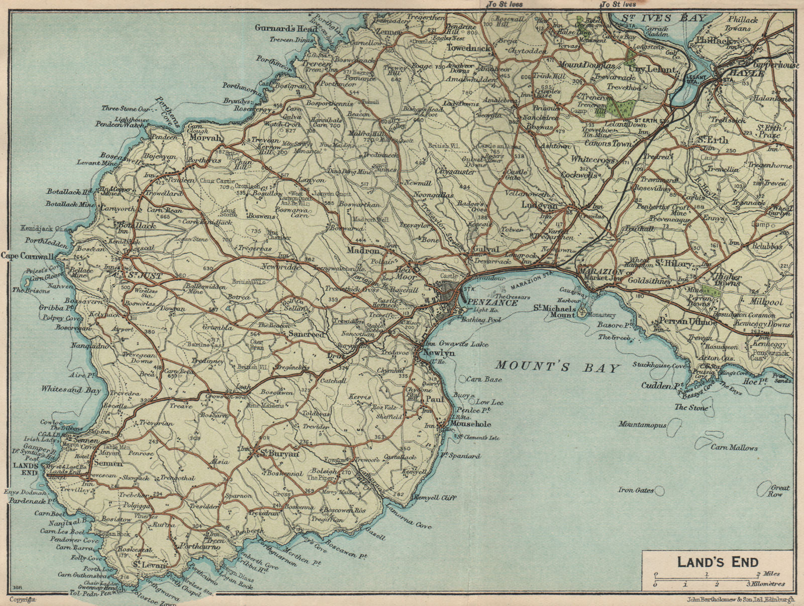 LANDS END. Vintage map plan. Penzance Marazion Hayle. Cornwall 1939 old